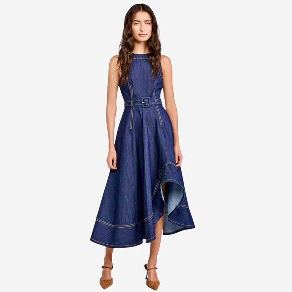 Cinq a Sept Zelda Belted Asymmetric Sleeveless Denim Midi Dress Size M NEW - Picture 1 of 12